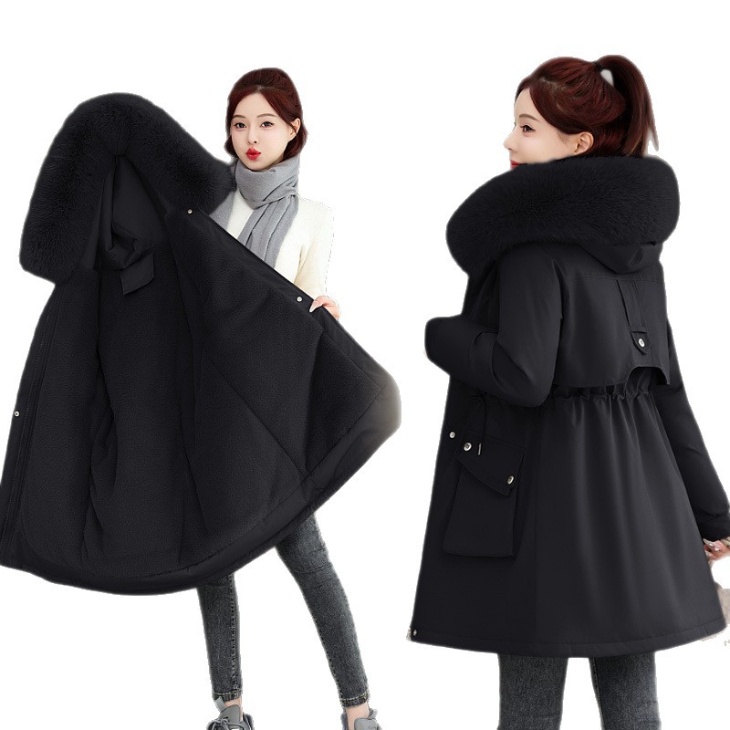 2025 invierno nuevo espessado para superar la cintura femenina delgada con capuzas cuello de cabello grande una chaqueta de algodón de terciopelo de moda