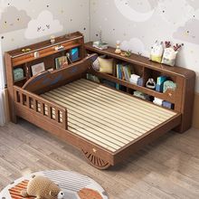 主卧双人床家用新中式儿童床新款青少年护栏加宽带灯光实木床床头