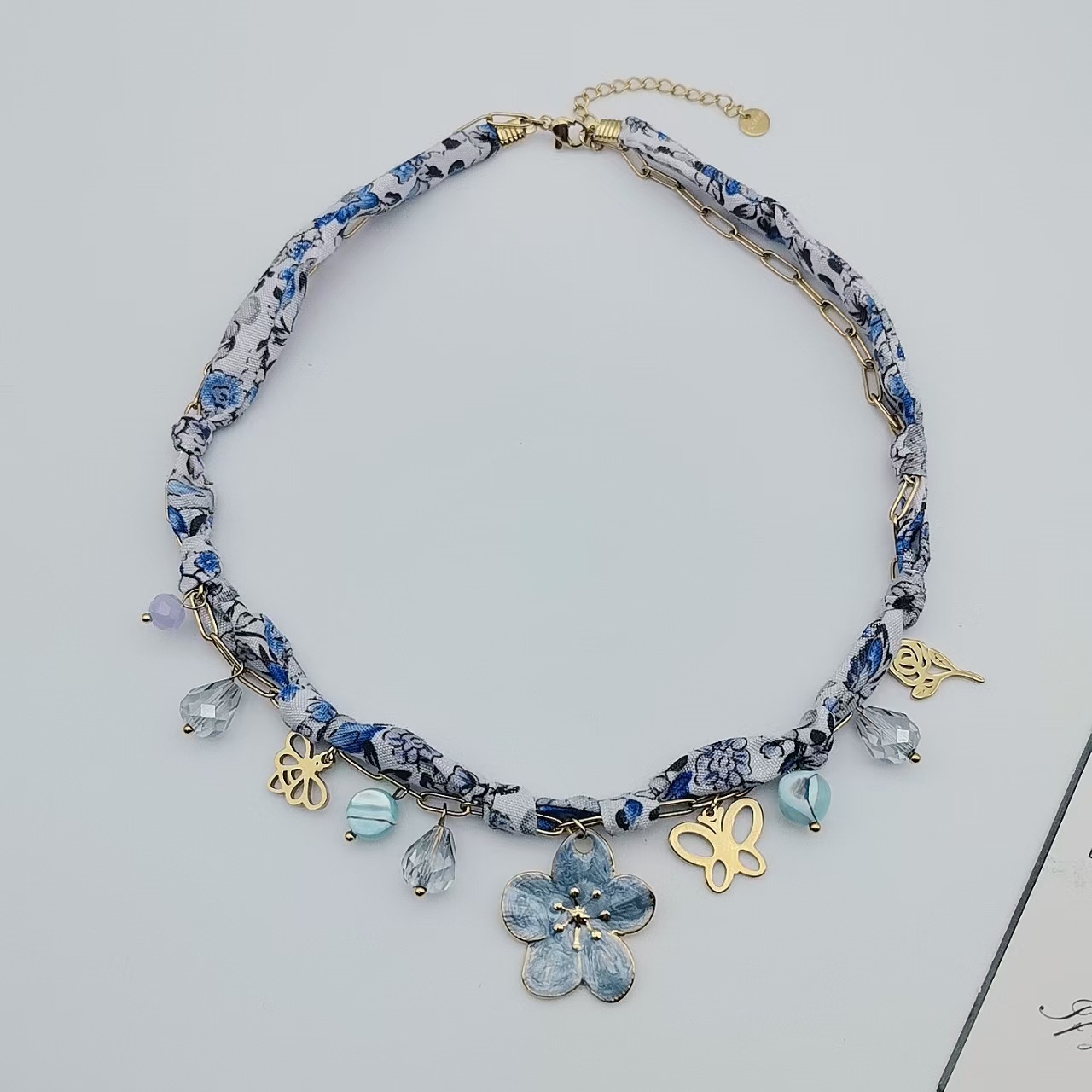 Flower Butterfly Elegant Beach 304 Stainless Steel Artificial Crystal Cloth Layered Necklaces Multi Charms Necklace Wholesale display picture 7
