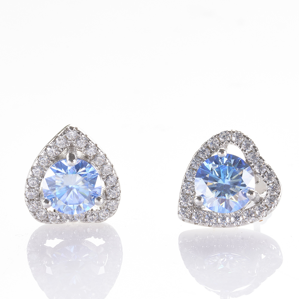 S925 plata esterlina diamante de diamante de diamante rosa en forma de corazón azul azul azul verde azul 1 quilate plata esterlina pendientes de piedra de moissan