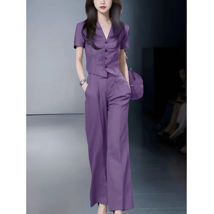 Bộ đầm suông nữ cổ V tay dài phong cách Hàn Quốc mùa xuân hè — Bộ dài màu tím chi tiết 3