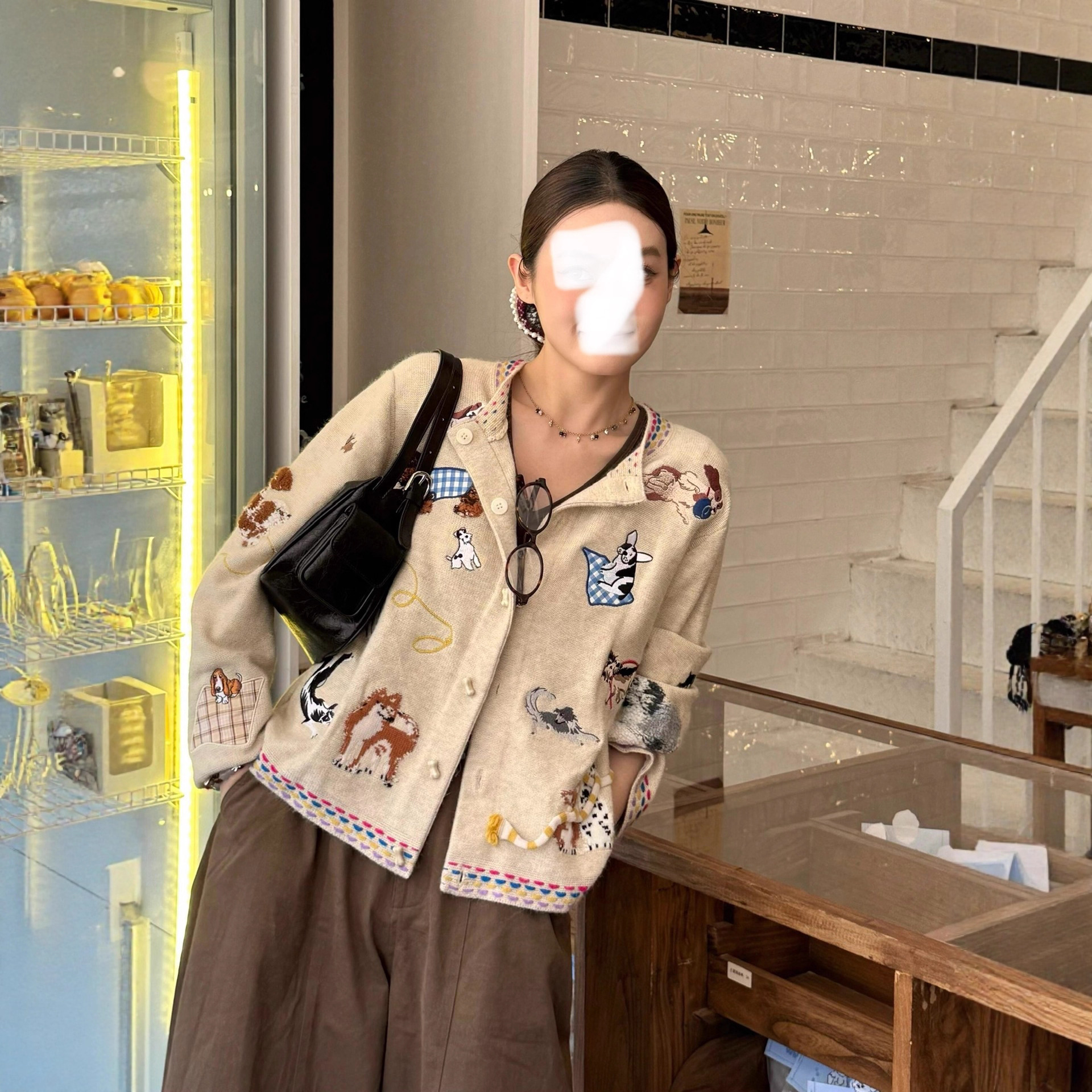 Korean Style Soft and Waxy Long-Sleeved Sweater Jacket for Women in Autum New Style Lazy Style Loose and Versatile Embroidered Puppy Knitted Cardigan