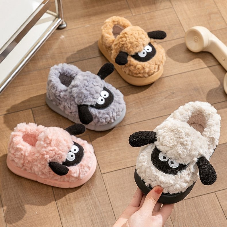 Happy Mary Baby Cotton Slippers Cartoon Lamb Home Indoor Furry Shoes Plus Velvet Boys' Bag Heel Cotton Shoes Girls