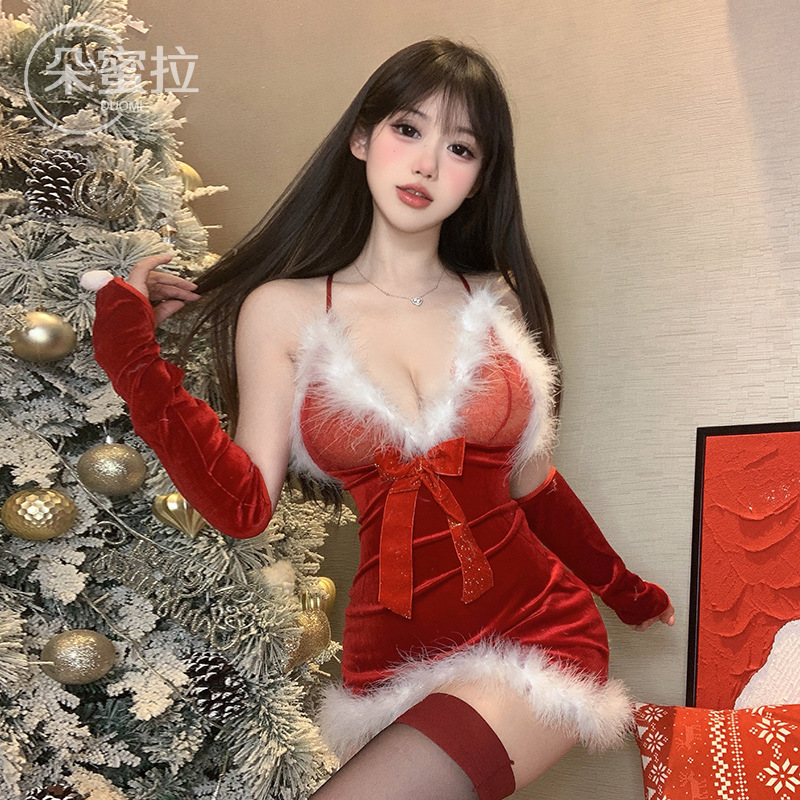 Domila 섹시한 란제리 여성의 섹시한 플러시 스트랩 나이트 드레스 짧은 치마 크리스마스 옷 열정 무료 유니폼 세트
