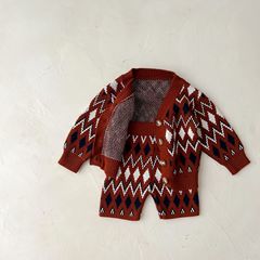 Korean Autumn/Winter New Baby Toddler Retro Sweater Set Girl Baby Plaid Two-Piece Knit Top and Pants