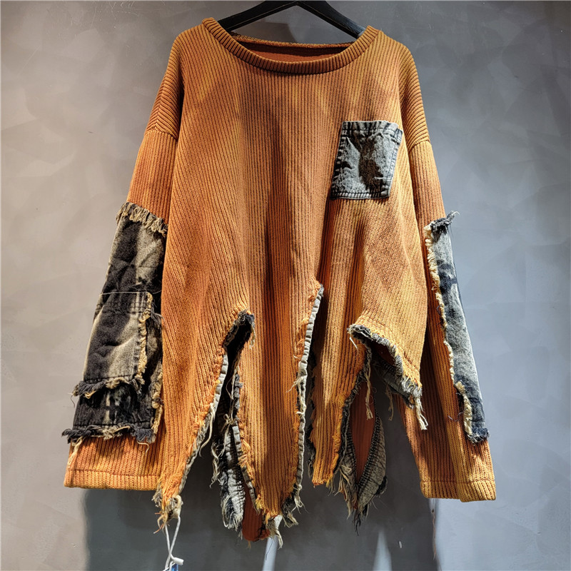 Personalidad de empalme irregular suéter retro hacer viejos atados teñidos de manga larga moda suéter de punto para mujeres otoño invierno