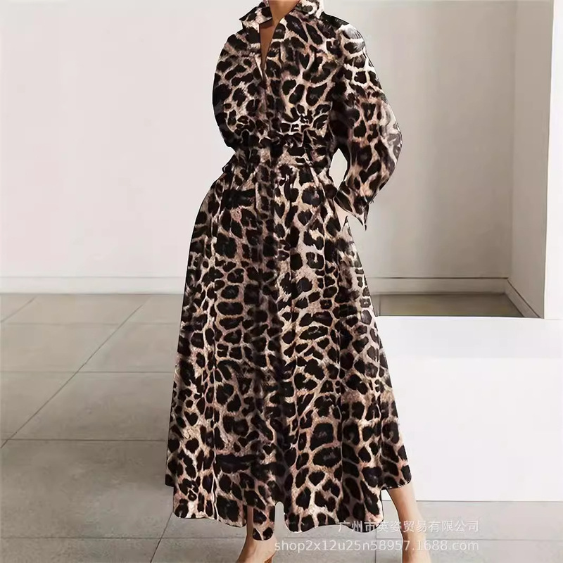 2026 New Early Spring French-Style Leopard Print Waist-Cinching Long-Sleeve Dress for Vacation and Beach Wear