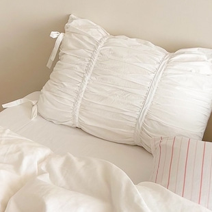 June Rain White French Retro Pleated Princess White Ins Style Pillowcase Single Washed Cotton Pure Cotton Single C^