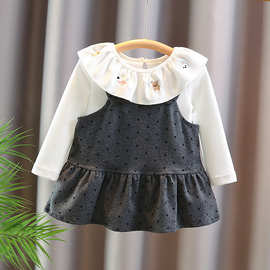 2025年秋季新款女童套装点子宝宝背带裙大领子翻领卡通长袖两件套