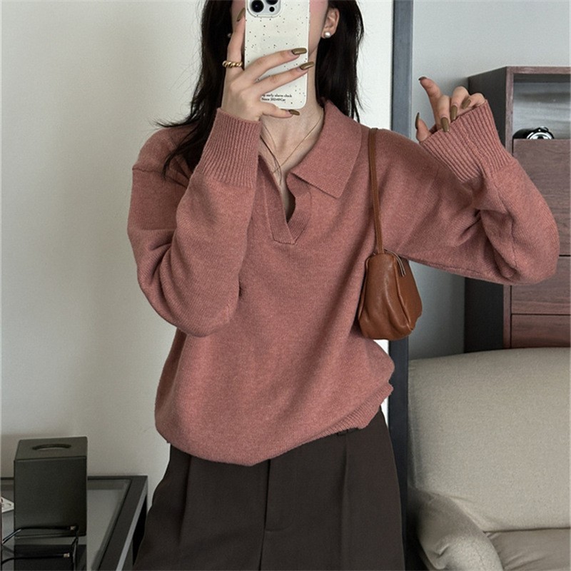 纯色翻领毛衣女内搭针织衫2025秋冬新款慵懒风POLO打底衫韩系上衣|undefined