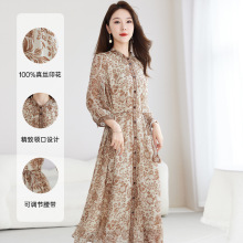 【V领乔其印花】乔其真丝女装大码显瘦夏100%桑蚕丝连衣裙女9932