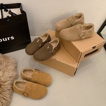 真皮勃肯鞋女加绒冬2025新款一脚蹬平软底舒适乐福豆豆保暖棉单鞋