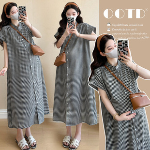 Real Shot of 2025 Fashion~Maternity Wear Summer Loose Artistic Elegant Plaid Dress Can Breastfeed Shirt Long Skirt