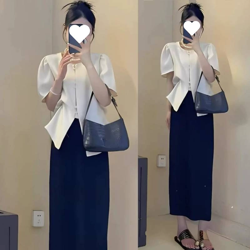 Плюс сайз: весенний французский элегантный комплект из короткого рукава и облегающего платья для полных женщин