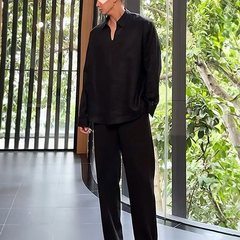 老钱风穿搭亚麻套装男夏季薄款长袖衬衫宽松长裤轻奢感两件套