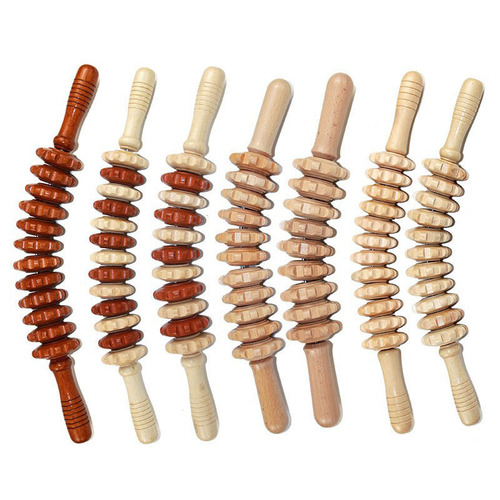 Wooden Massage Roller with Nine and Twelve Wheels, Wooden Massager, Rolling Wheel Massager, Leg and Back Massager, Curved Handle Acupressure Massager