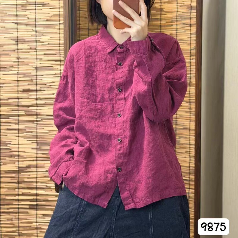 CO2026 Autumn Korean-style loose retro simple linen turn-down collar single-breasted shirt versatile casual blouse for women 9875