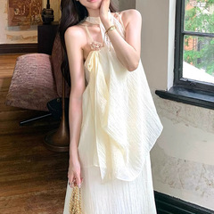 新しい中国風の禅クールホワイトホルターネックドレス夏 101.25kg ピースロングスカート美しい海辺のドレッシングガウン