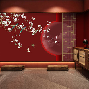 New Chinese Style Flower and Bird Entrance Living Room Wallpaper Chinese Style Forbidden City Red Screen Wall Covering Ancient Style Photo Script Killing Mural