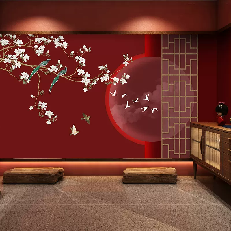 新中式花鸟玄关客厅墙纸中国风故宫红屏风墙布古风拍照剧本杀壁画
