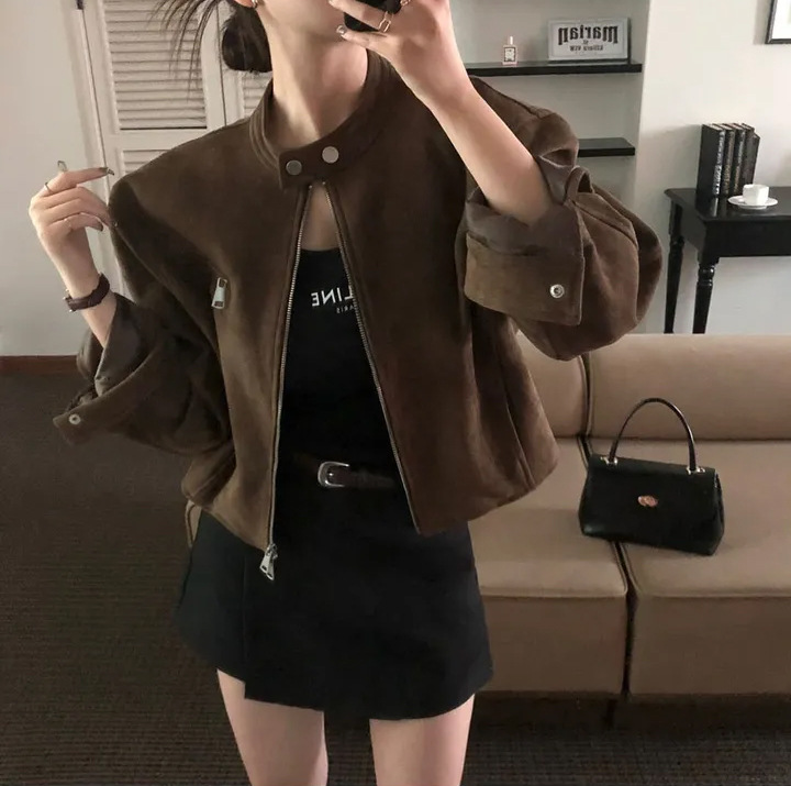 Korean Ins Early Spring New Retro Small Stand-Up Collar Fashion Casual Suede Short Motorcycle Jacket for Women