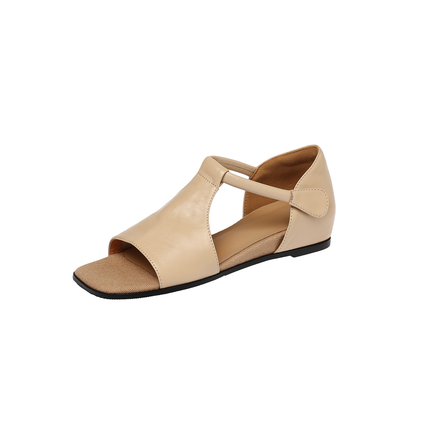 Sandal hở mũi nữ quai mảnh đế bệt mũi vuông da bò thật — đen