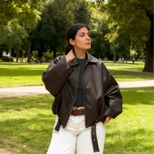 跨境欧美女装2025秋季新款外贸现货复古宽松大码翻领女士皮衣外套