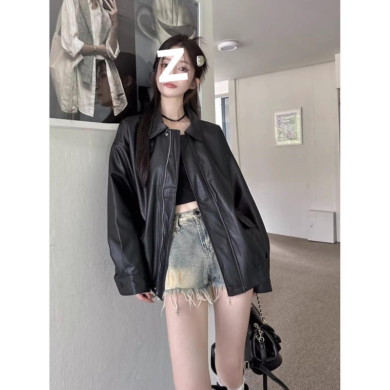 美式复古皮衣夹克外套女春秋季黑色甜酷风机车PU皮宽松修身长袖上|undefined