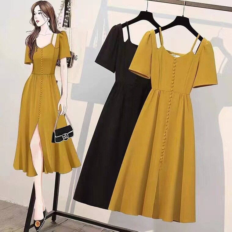 Đầm maxi nữ thắt eo kiểu Pháp phong cách Hepburn thanh lịch — váy vàng chi tiết 4