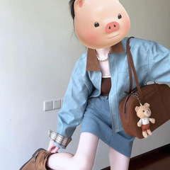 日系巴恩风撞色翻领皮衣外套女春秋季设计感小众水洗感开衫夹克潮