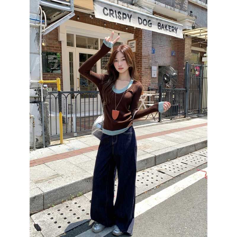 复古别致假两件撞色长袖毛衣女春秋新款正肩设计感针织衫打底上衣|undefined