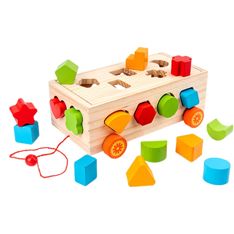 Juguetes de educación temprana para niños geometría de madera diecisiete forma de agujero coincidente percusión remolque color bloques de construcción cognitivos Juguetes