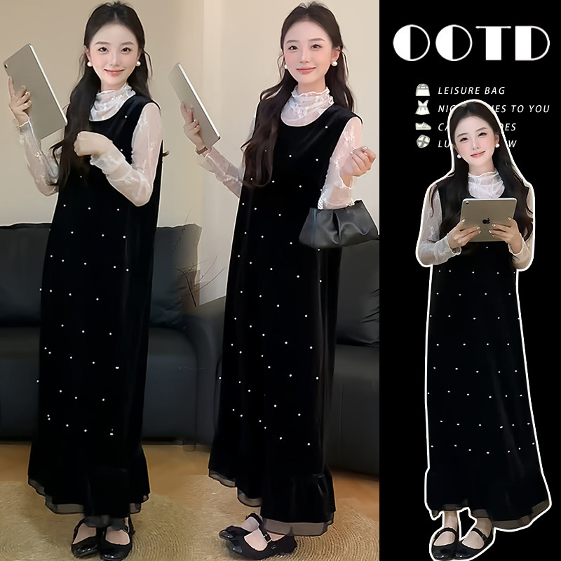 Maternity Wear Autum New Lace Bottoming Shirt Retro Heavy Beading Splicing Velvet Dress Suit Default Item