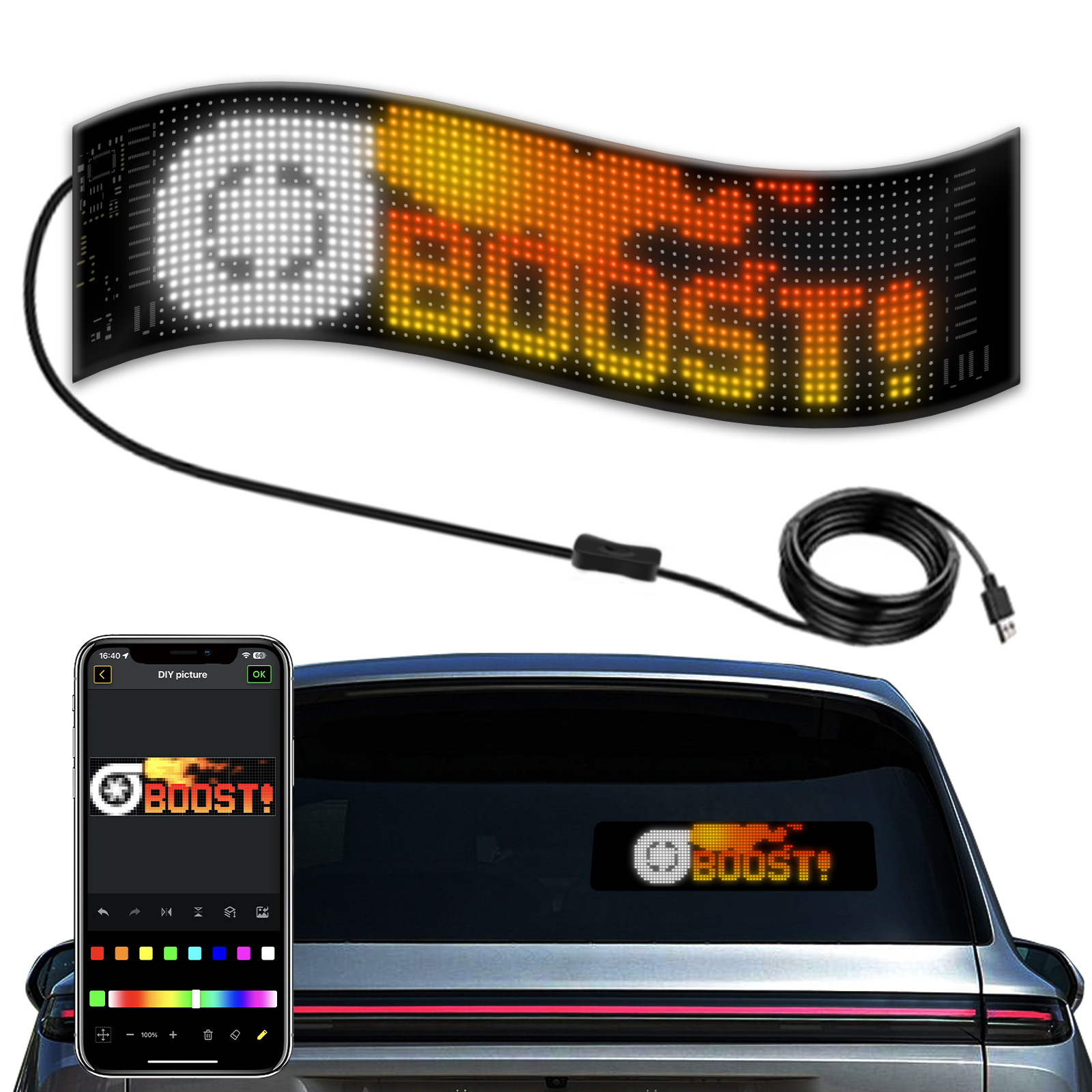Pantalla LED Flexible para Automóvil, Pantalla Publicitaria con Bluetooth y Aplicación, Pantalla Inteligente a Todo Color, Adhesivo para Automóvil, Resistente al Agua IP65, Pantalla Flexible