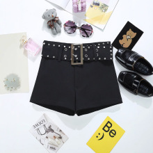 实拍低腰弹力直筒裤2025韩系女装设计感修身铆钉腰带包臀短裤9463