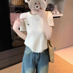愛の刺繍のニットの半袖の女性の2025夏のchiは色の丸首のtシャツの学院の風にぶつかって底を打って上着を掛けます。