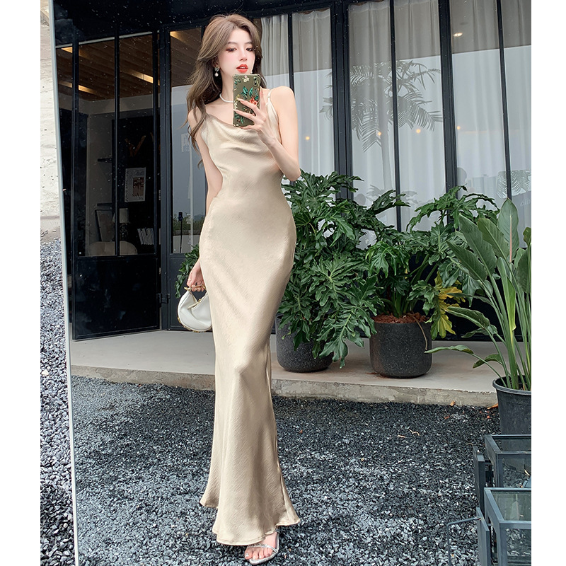 Spring and Summer New Style Acetate Satin Fragrant Suspender Dress, Feminine and Elegant Champagne Color Holiday Dress Spring and Summer New Style Acetate Satin Fragrant Suspender Dress, Feminine and Elegant Champagne Color Holiday Dress