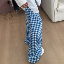 2025可外穿女裤日系蓝格子长裤薄款舒适简约家居裤直筒单裤慵懒风