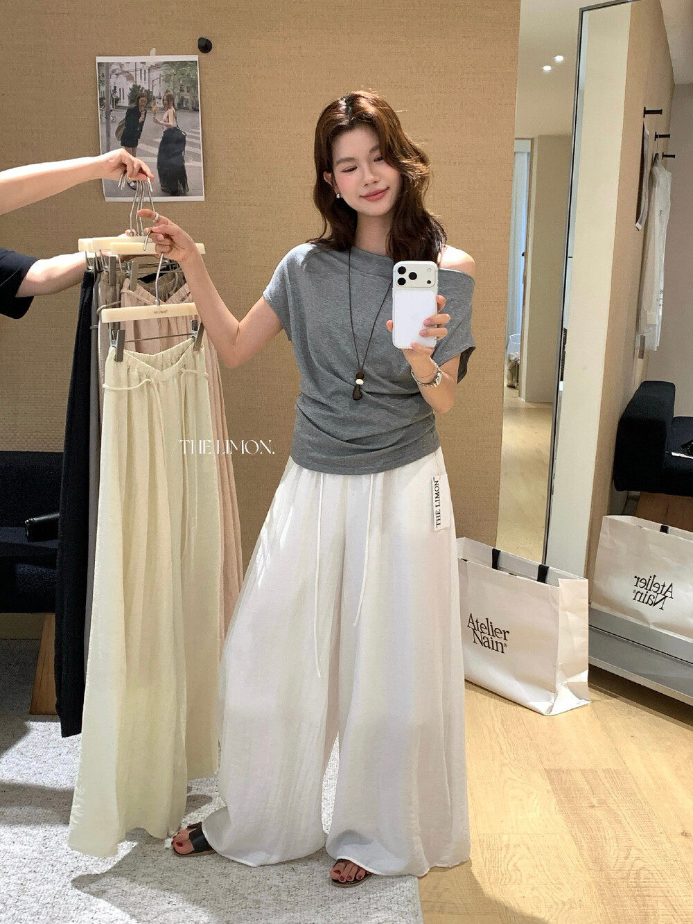 Quần culottes ống rộng cạp chun rút dây chất liệu linen mùa hè — Vàng nhạt, màu đen, trắng ngà, màu hồng chi tiết 20