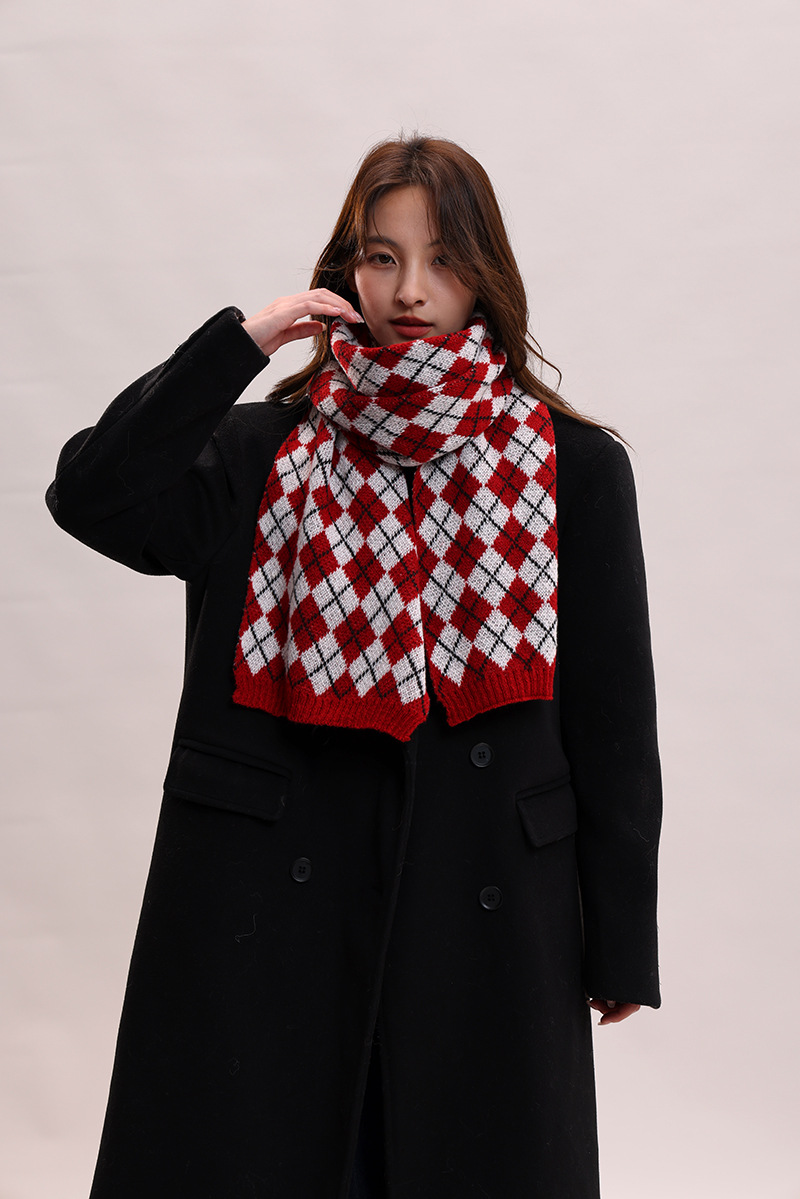Sciarpa lavorata a maglia autunno inverno nuova con griglia a rombi, collo spesso e caldo, versatile per coppie, morbida_voghion.com
