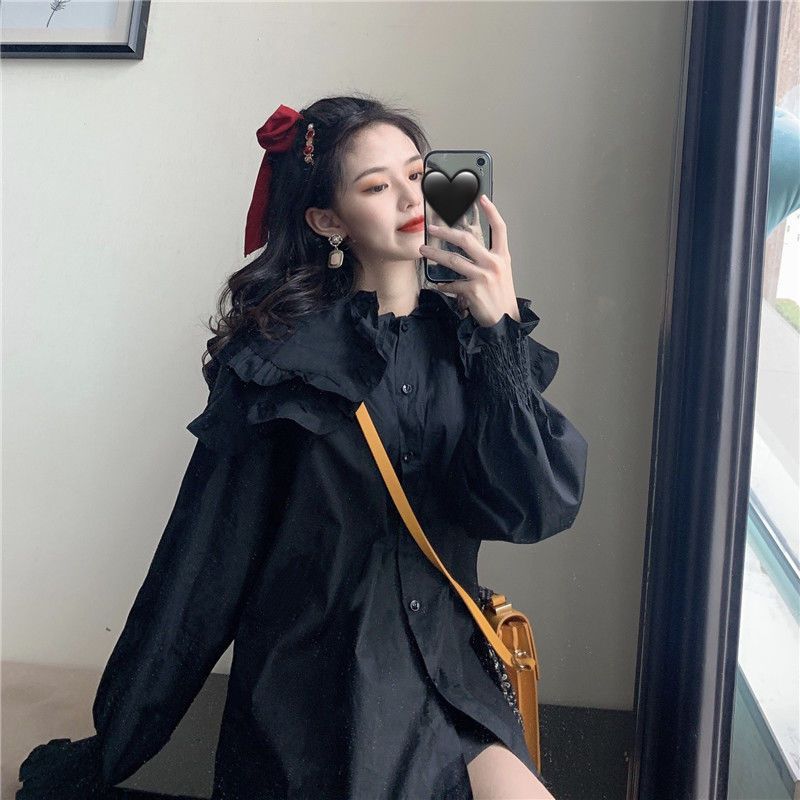 가을 2024 새로운 스타일 레트로 우아한 디자인 센스 탑 웨스턴 스타일 더블 레이어 로터스 칼라 긴 소매 셔츠 트렌디 화이트