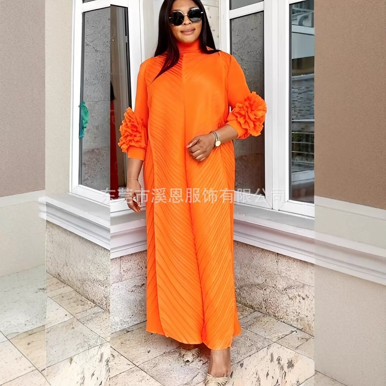 Miyaki三宅褶皱时尚圆领纯色大码高弹手摇花气质女装连衣裙跨境非