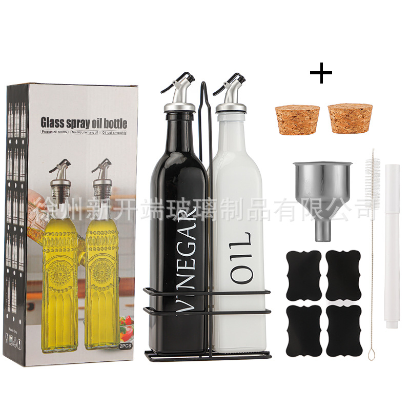 Botella de aceite de vidrio Amazon 500ml dispensador de olla de aceite de oliva verde oscuro Juego de botella de vinagre transfronterizo