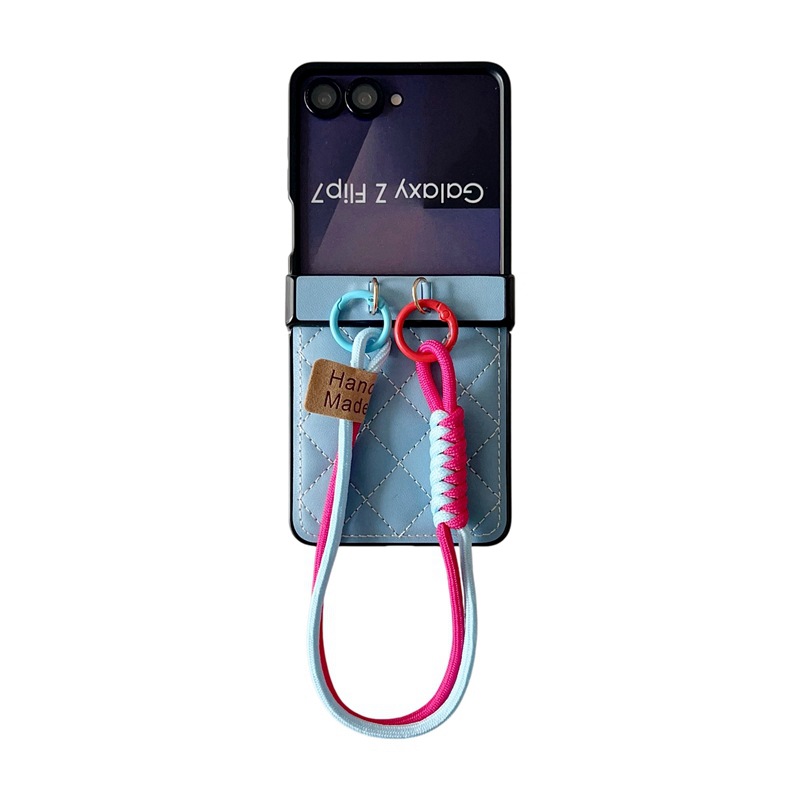 Capa para Samsung 7, compatível com Z Flip 6/5, com almofada de ar, costura em padrão diamante, cobertura total e alça de mão com eixo central._voghion.com
