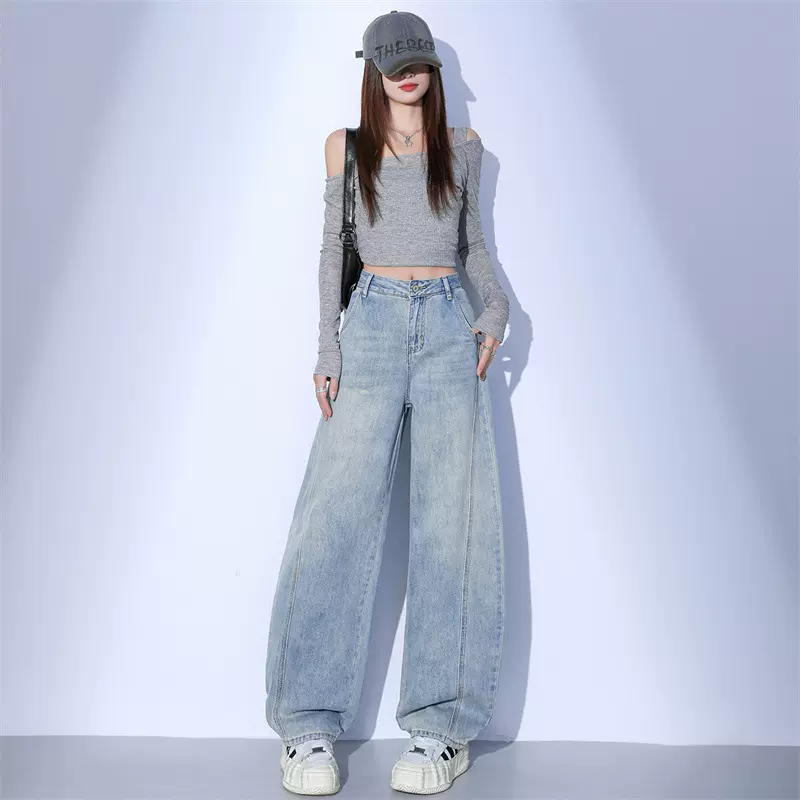萝卜大叔设计感牛仔裤女2026春季新款小个高腰显瘦宽松阔腿弯刀裤