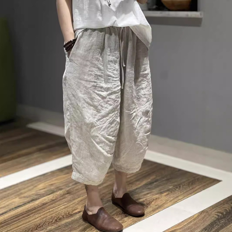 Solid Color Cotton and Linen Slimming Pocket Cropped Pants Loose Casual Versatile Plus Size Harem Pants Women's Summer New Style Solid Color Cotton and Linen Slimming Pocket Cropped Pants Loose Casual Versatile Plus Size Harem Pants Women's Summer New Style