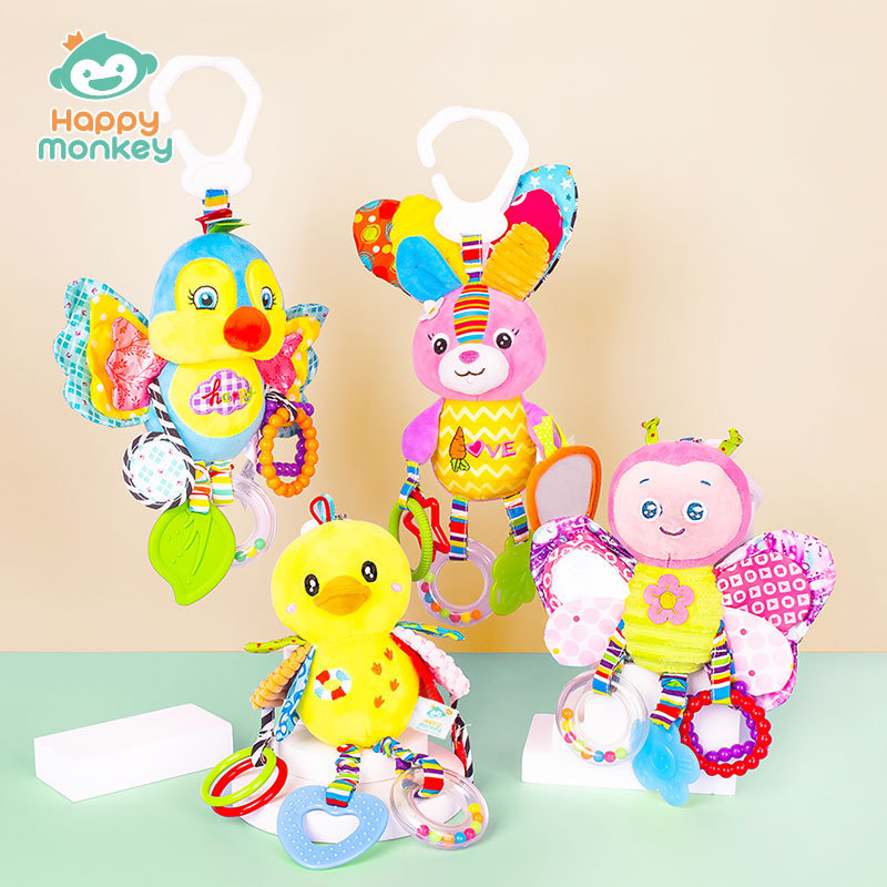HappyMonkey - Sonajero para bebé, mordedor colgante para cuna, juguete de peluche para recién nacido, entrenamiento sensorial para bebés
