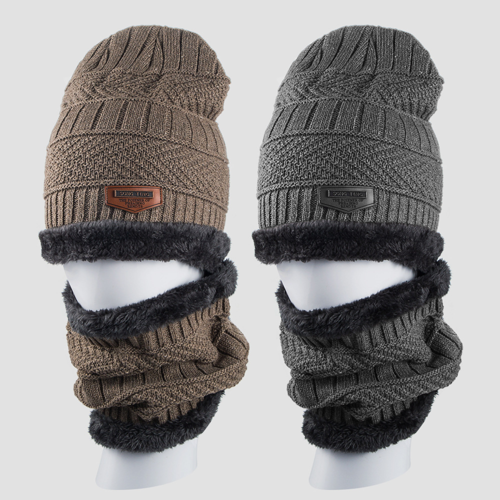 56g Weight Solid Color Pattern Unisex Gender Coffee, Grey Color Wholesale New Korean Style Knitted Scarf Hat Set Fashionable Men's And Women's Warm With Velvet Thick Woolen Cap Scarf Autumn And Winter 无