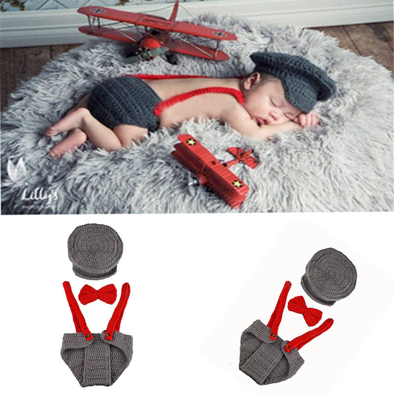 Baby 100 Days Pilot Knitted Photography Set Children's Handmade Knitted Hat Baby Photography Props Ready in Stock