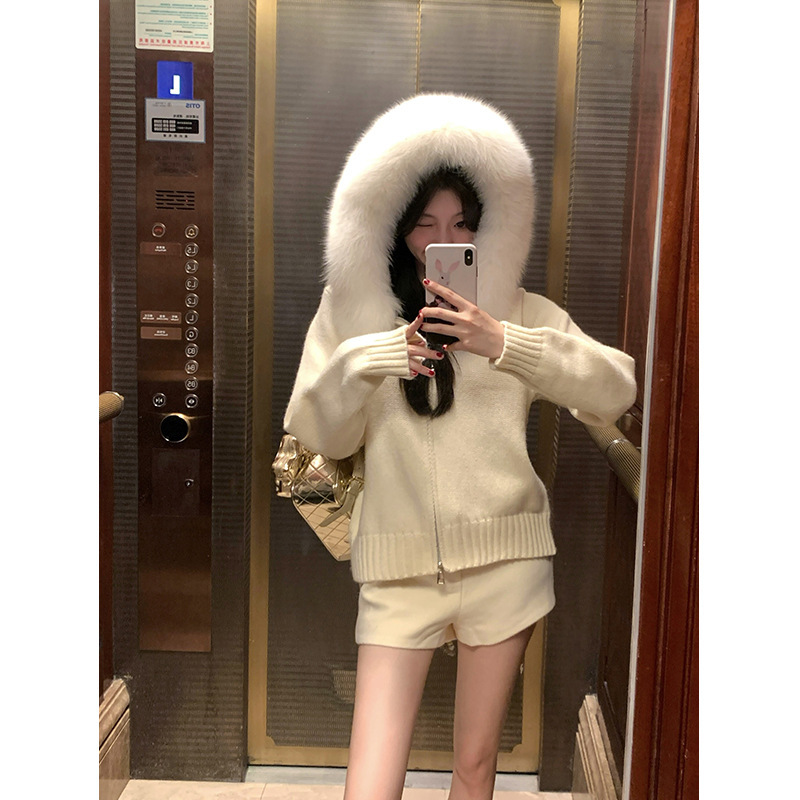 Yuan Ying Aesthetics/Maillard High-End Knitted Zipper Cardigan Slimming Fox Fur Collar Hooded Knitted Sweater Jacket